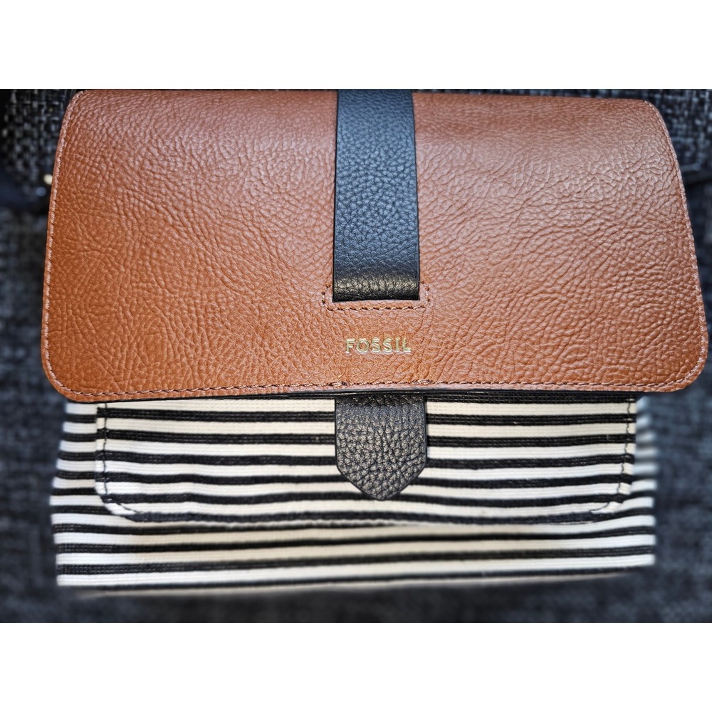 Fossil Crossbody Bag Women Small Brown‎ Black White Striped New Nautical - Picture 2 of 11